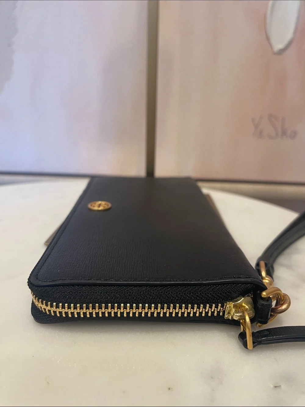 Tory Burch Black Saffiano Zip Wristlet with Blue Interior